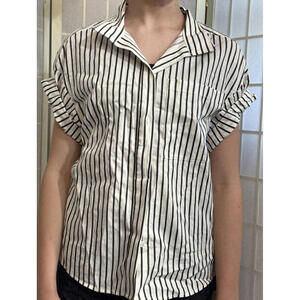 Frame Revolve Linen Blend Striped Organic Short Sleeve Button Up Blouse Size XS